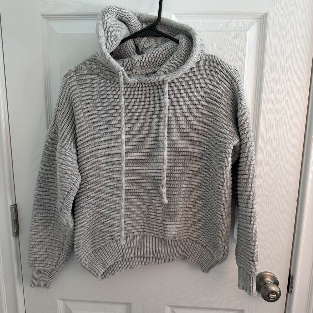Anthropologie Hoodie Rue Stiic Women's Sweater Chunky Knit Gray Ribbed XS